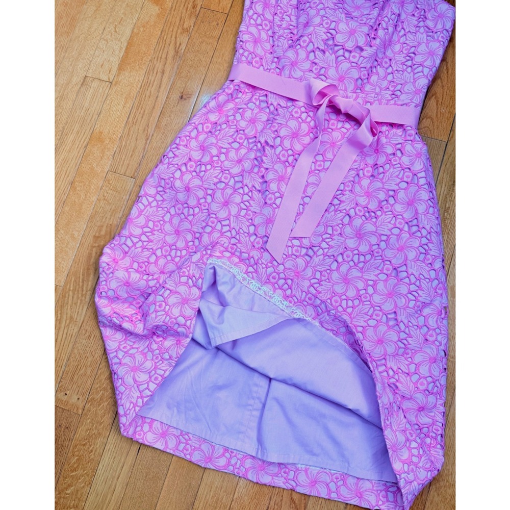 Lilly Pulitzer Pink Floral Eyelet‎ Lace Strapless Dress with Ribbon Belt Size 12 - Picture 4 of 9